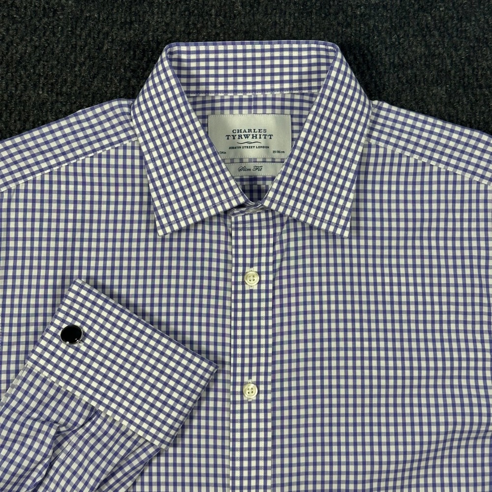 Charles Tyrwhitt Dress Shirt Mens 15.5 34 Slim Fit Purple Gingham French Cuff